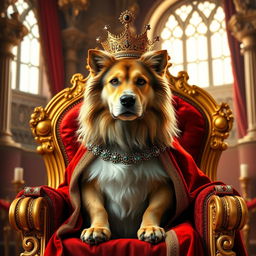 A majestic king dog sitting regally on a golden throne, surrounded by opulent decorations, rich red velvet curtains, and intricate gold accents
