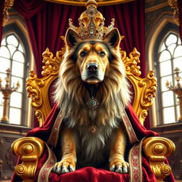 A majestic king dog sitting regally on a golden throne, surrounded by opulent decorations, rich red velvet curtains, and intricate gold accents