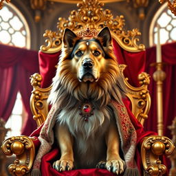 A majestic king dog sitting regally on a golden throne, surrounded by opulent decorations, rich red velvet curtains, and intricate gold accents