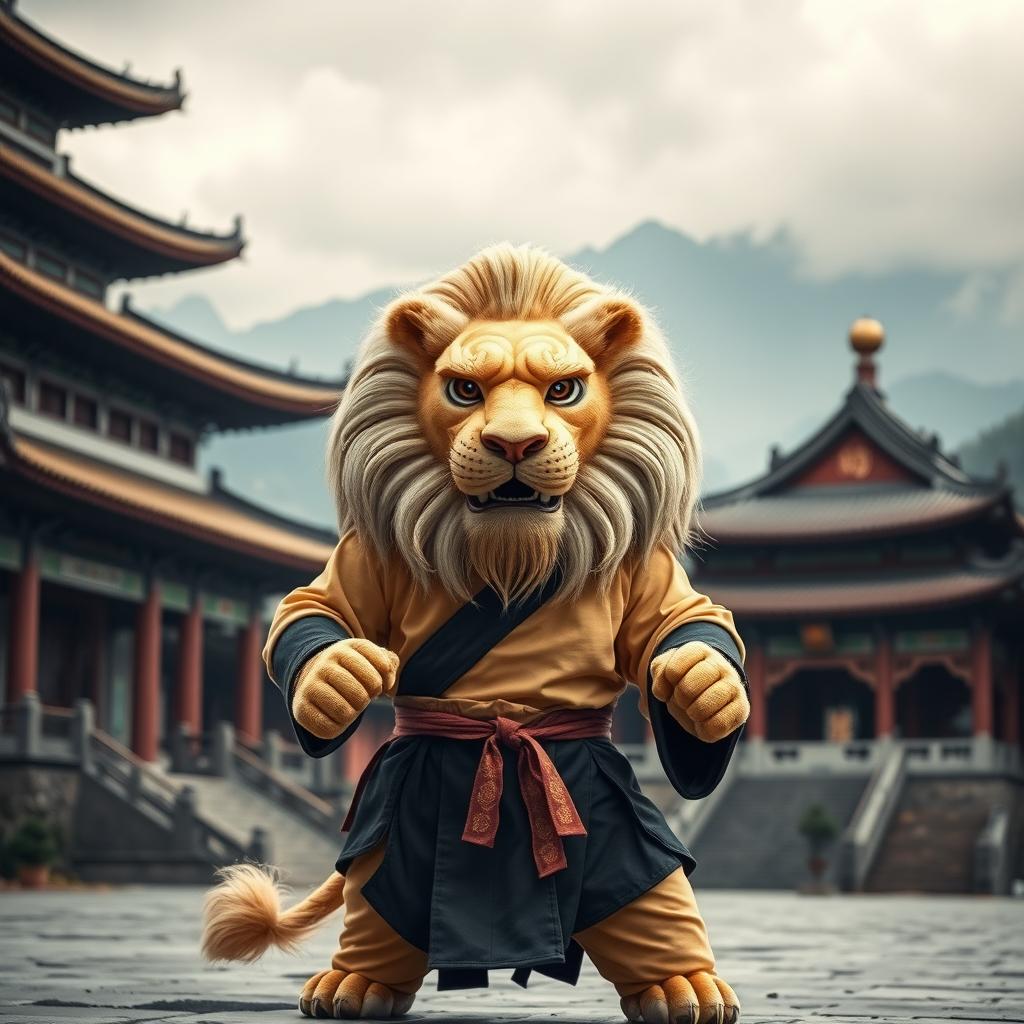 A powerful lion wearing a kung fu outfit, showcasing strength and discipline, set in the ancient Shaolin Temple in China