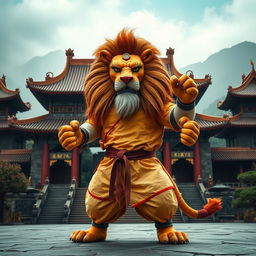 A powerful lion wearing a kung fu outfit, showcasing strength and discipline, set in the ancient Shaolin Temple in China