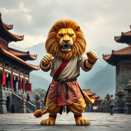 A powerful lion wearing a kung fu outfit, showcasing strength and discipline, set in the ancient Shaolin Temple in China