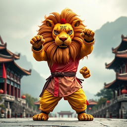 A powerful lion wearing a kung fu outfit, showcasing strength and discipline, set in the ancient Shaolin Temple in China