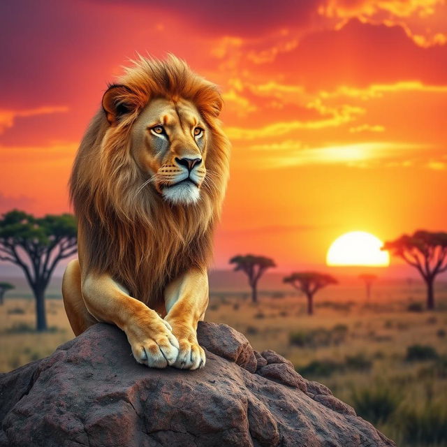 A majestic lion with a luxurious golden mane, sitting regally on a rocky outcrop in a sunlit savanna