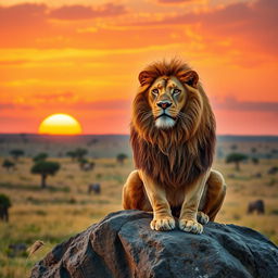 A majestic lion with a luxurious golden mane, sitting regally on a rocky outcrop in a sunlit savanna