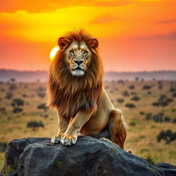 A majestic lion with a luxurious golden mane, sitting regally on a rocky outcrop in a sunlit savanna