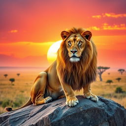 A majestic lion with a luxurious golden mane, sitting regally on a rocky outcrop in a sunlit savanna