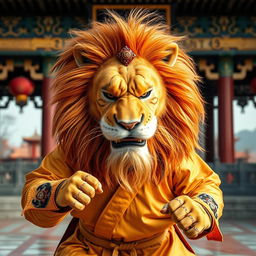 A powerful and fierce real lion dressed in a kung fu outfit, showcasing strength and discipline while training in a Shaolin temple in China