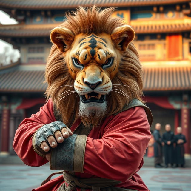 A powerful and fierce real lion dressed in a kung fu outfit, showcasing strength and discipline while training in a Shaolin temple in China