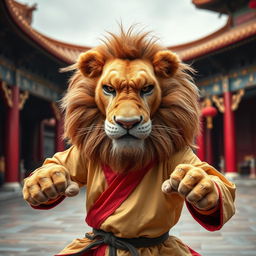 A powerful and fierce real lion dressed in a kung fu outfit, showcasing strength and discipline while training in a Shaolin temple in China