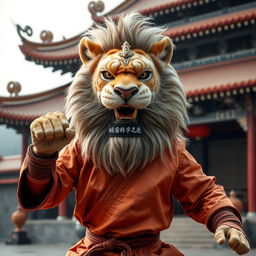A powerful and fierce real lion dressed in a kung fu outfit, showcasing strength and discipline while training in a Shaolin temple in China