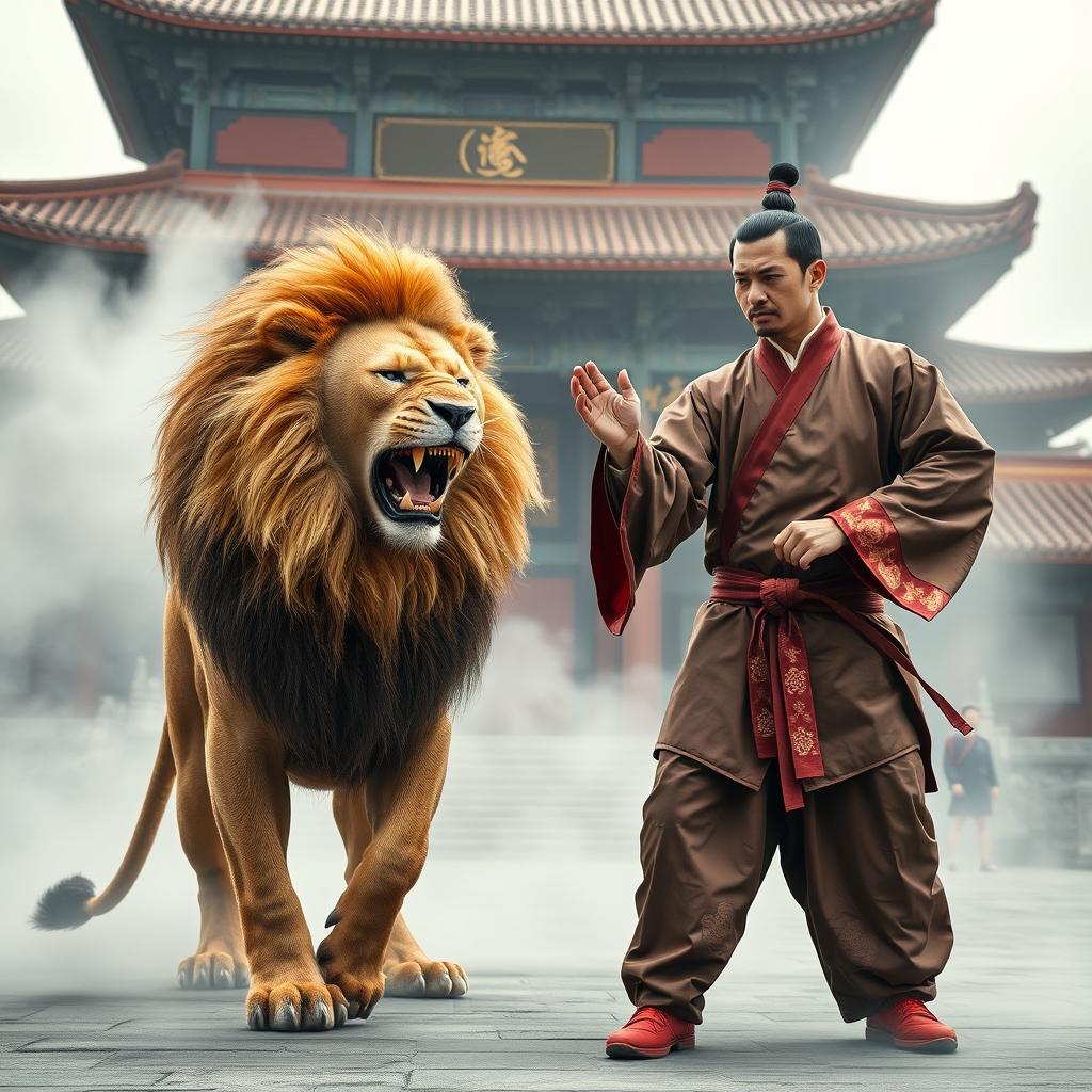 A fierce, realistic lion showcasing its strength and aggression while facing an impressive Kung Fu master dressed in a traditional Kung Fu outfit, set in the iconic Shaolin Temple in China