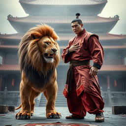 A fierce, realistic lion showcasing its strength and aggression while facing an impressive Kung Fu master dressed in a traditional Kung Fu outfit, set in the iconic Shaolin Temple in China