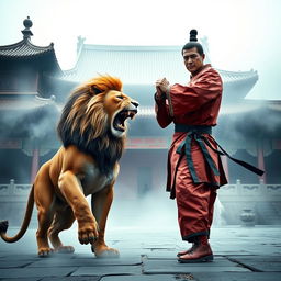 A fierce, realistic lion showcasing its strength and aggression while facing an impressive Kung Fu master dressed in a traditional Kung Fu outfit, set in the iconic Shaolin Temple in China