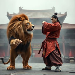 A fierce, realistic lion showcasing its strength and aggression while facing an impressive Kung Fu master dressed in a traditional Kung Fu outfit, set in the iconic Shaolin Temple in China