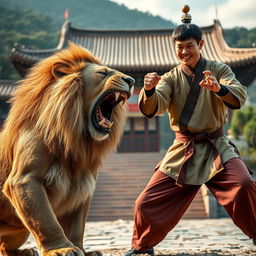 A fierce, realistic lion, exuding anger and strength, training under a skilled kung fu master wearing traditional martial arts attire in a Shaolin temple in China