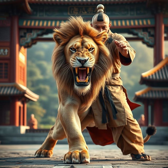 A fierce, realistic lion, exuding anger and strength, training under a skilled kung fu master wearing traditional martial arts attire in a Shaolin temple in China