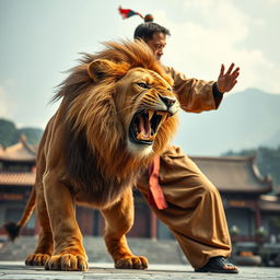 A fierce, realistic lion, exuding anger and strength, training under a skilled kung fu master wearing traditional martial arts attire in a Shaolin temple in China