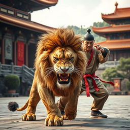 A fierce, realistic lion, exuding anger and strength, training under a skilled kung fu master wearing traditional martial arts attire in a Shaolin temple in China