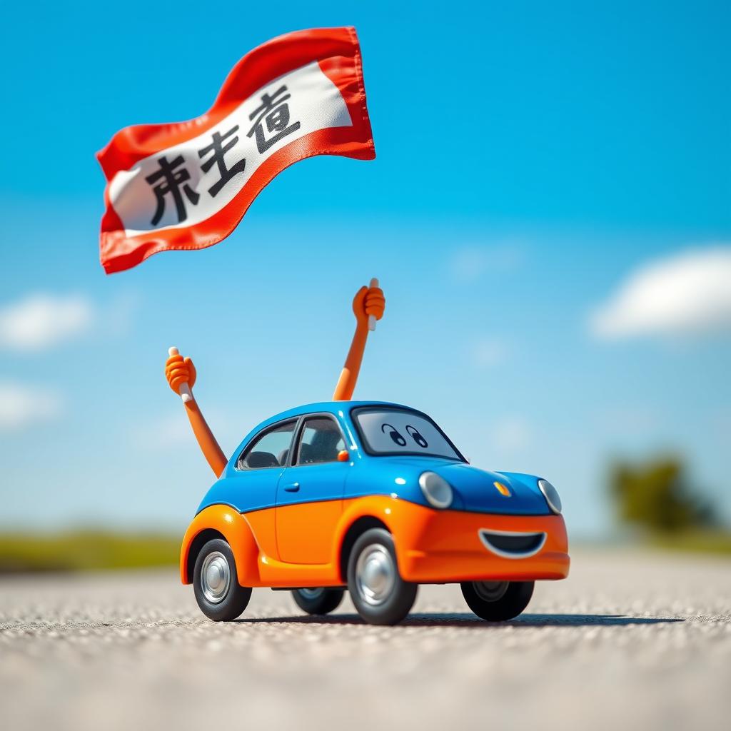 A cheerful car figurine holding a flag, with the flag displaying the word 'پیشگامان'