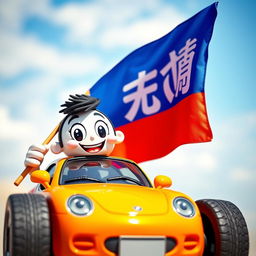 A cheerful car figurine holding a flag, with the flag displaying the word 'پیشگامان'