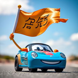 A cheerful car figurine holding a flag, with the flag displaying the word 'پیشگامان'
