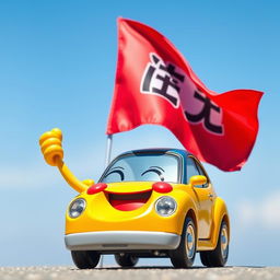 A cheerful car figurine holding a flag, with the flag displaying the word 'پیشگامان'
