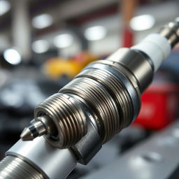 A detailed close-up view of a car spark plug, showcasing its metallic texture, fine threads, and the electrical connectors