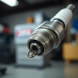 A detailed close-up view of a car spark plug, showcasing its metallic texture, fine threads, and the electrical connectors