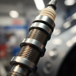 A detailed close-up view of a car spark plug, showcasing its metallic texture, fine threads, and the electrical connectors
