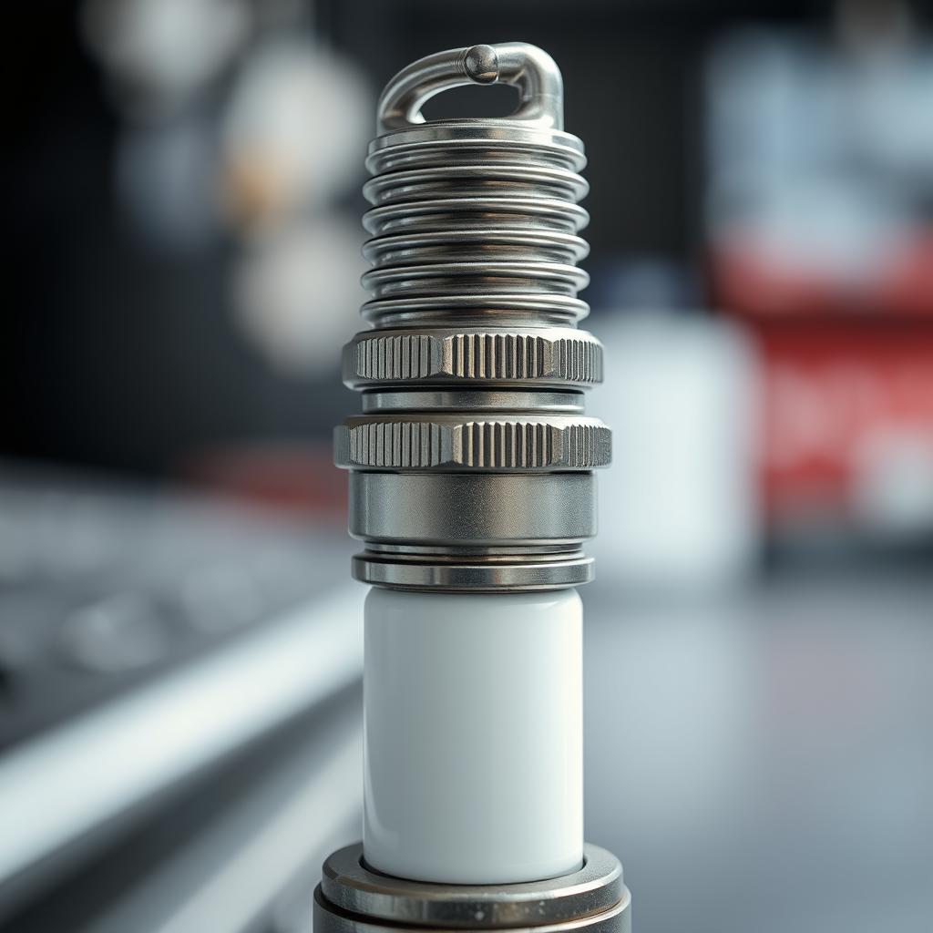 A detailed close-up view of a car spark plug, showcasing its metallic texture, fine threads, and the electrical connectors