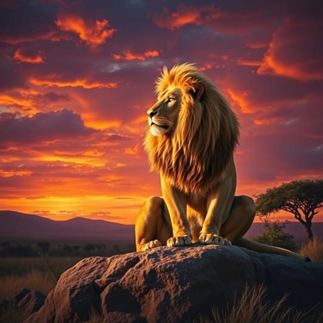 A majestic lion, regal and powerful, seated on a rocky outcrop in the savannah, with a golden mane flowing in the wind