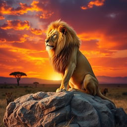 A majestic lion, regal and powerful, seated on a rocky outcrop in the savannah, with a golden mane flowing in the wind