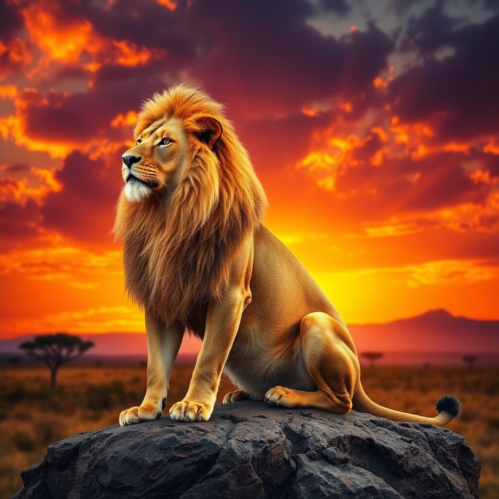 A majestic lion, regal and powerful, seated on a rocky outcrop in the savannah, with a golden mane flowing in the wind