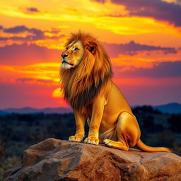 A majestic lion, regal and powerful, seated on a rocky outcrop in the savannah, with a golden mane flowing in the wind