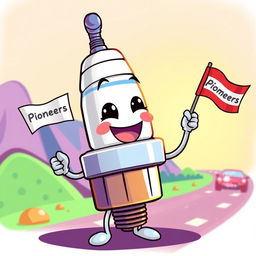 A whimsical illustration of a smiling spark plug character with cartoonish features, holding a small flag in one hand that reads 'Pioneers'