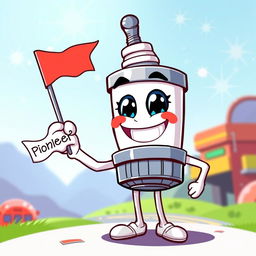 A whimsical illustration of a smiling spark plug character with cartoonish features, holding a small flag in one hand that reads 'Pioneers'