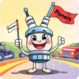 A whimsical illustration of a smiling spark plug character with cartoonish features, holding a small flag in one hand that reads 'Pioneers'