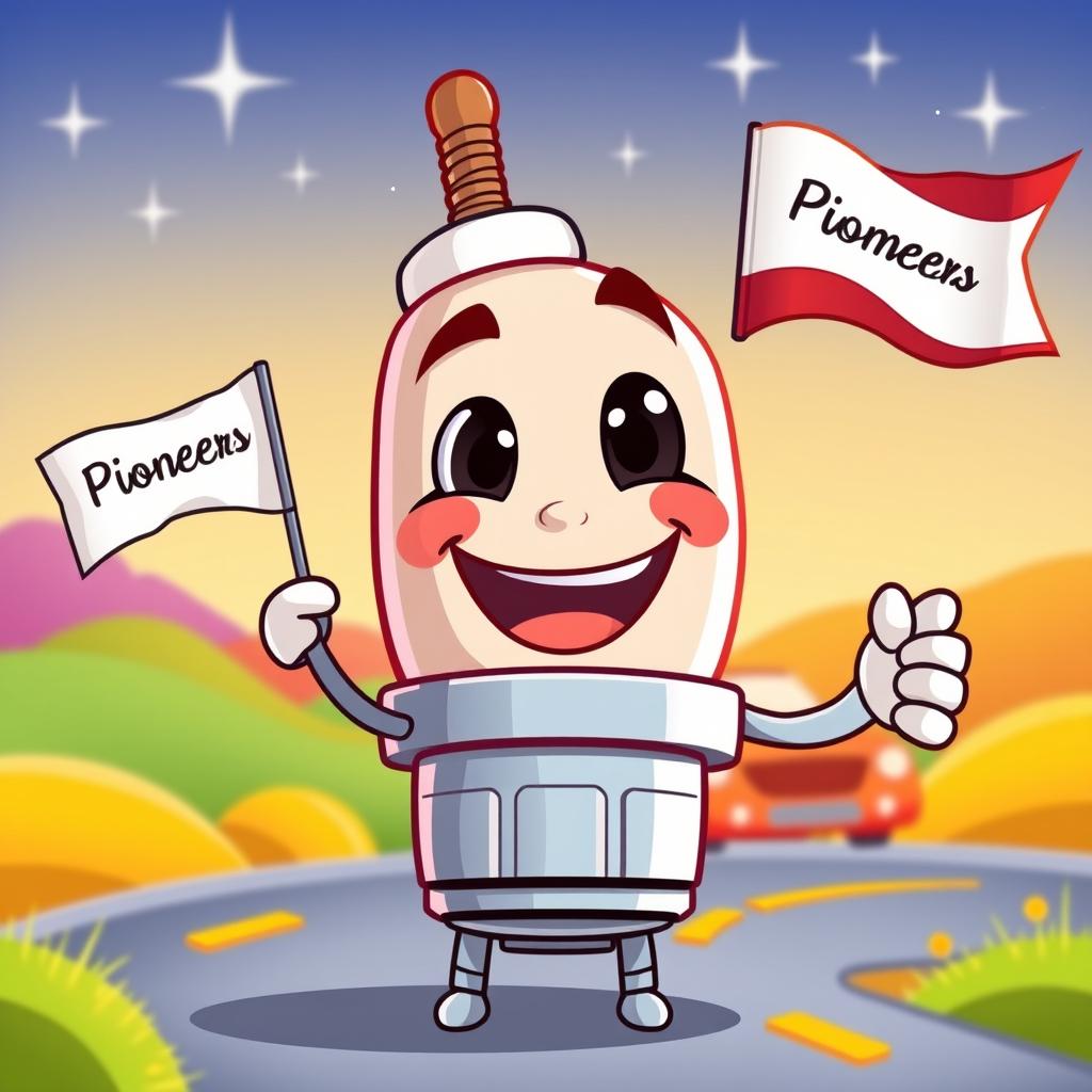 A whimsical illustration of a smiling spark plug character with cartoonish features, holding a small flag in one hand that reads 'Pioneers'