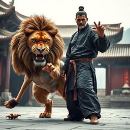 A fierce, muscular lion showcasing its strength in a fierce pose, with an intense and angry expression, training alongside a disciplined and skilled kung fu master