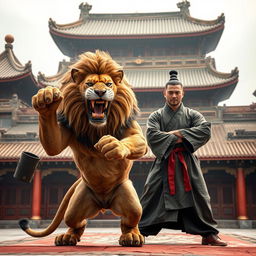 A fierce, muscular lion showcasing its strength in a fierce pose, with an intense and angry expression, training alongside a disciplined and skilled kung fu master