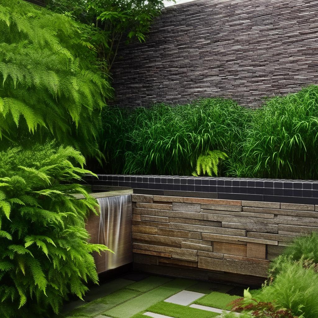 A lush backyard with a relaxing waterfall nestled in a corner, and a decorative wall featuring rustic brick tiles.