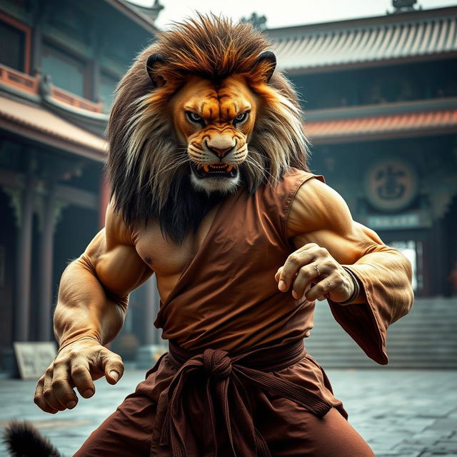 A fierce, muscular lion showcasing its strength in a fierce pose, with an intense and angry expression, training alongside a disciplined and skilled kung fu master