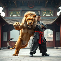 A fierce, muscular lion showcasing its strength in a fierce pose, with an intense and angry expression, training alongside a disciplined and skilled kung fu master