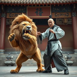 A powerful, angry lion demonstrating its might in an imposing stance, training alongside a skilled kung fu master