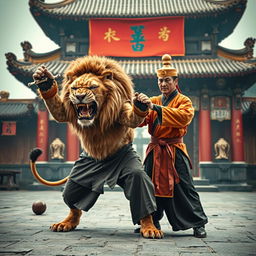 A powerful, angry lion demonstrating its might in an imposing stance, training alongside a skilled kung fu master