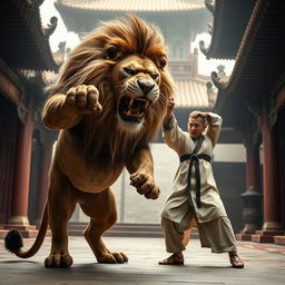 A powerful, angry lion demonstrating its might in an imposing stance, training alongside a skilled kung fu master
