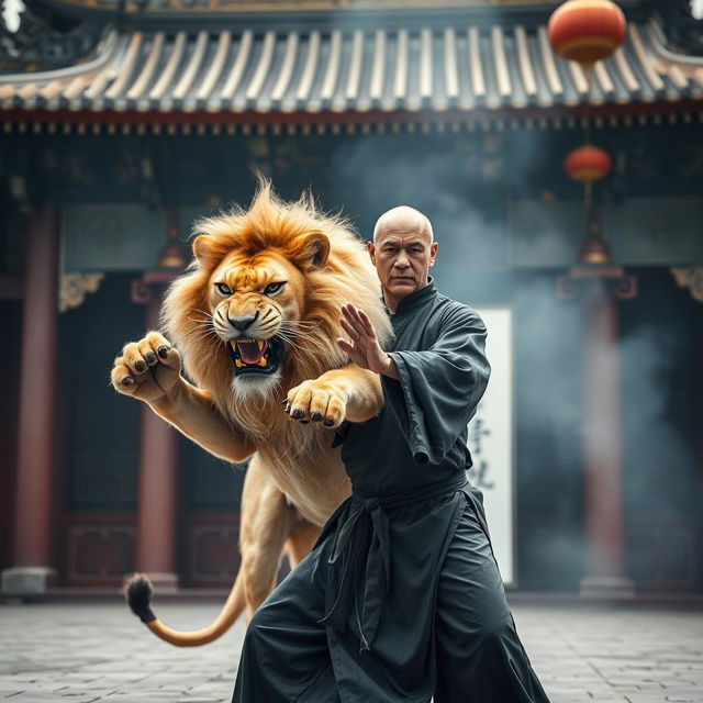 A powerful, angry lion demonstrating its might in an imposing stance, training alongside a skilled kung fu master