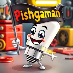 A cheerful and animated spark plug character with a big smile, holding a flag that displays the word 'Pishgaman' in bold, colorful letters