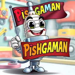 A cheerful and animated spark plug character with a big smile, holding a flag that displays the word 'Pishgaman' in bold, colorful letters